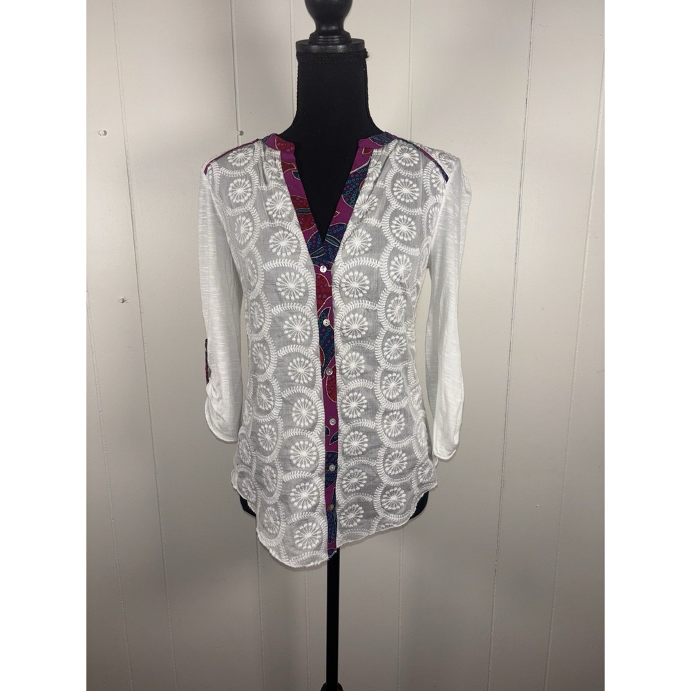 Tiny Anthropologie‎ Lace Embroidered Shirt Womens Xs White Slub Silk Blend Boho